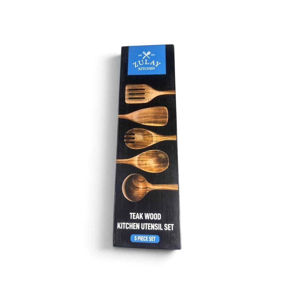 Zulay Kitchen Teak Wood Kitchen Utensil Set 5 Piece Natural Wood Cooking Tools